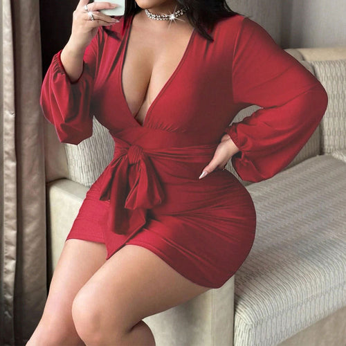 Plus Size Women Clothes Sexy V neck Dress Summer High Waist Sheath