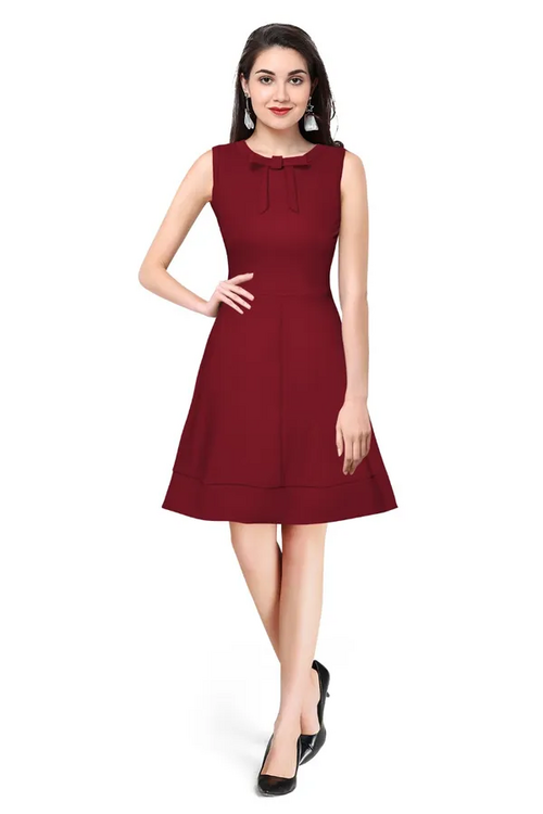 Polyster Knitting Neck Bow Dress for Women (Size-S) (Color-MAROON)